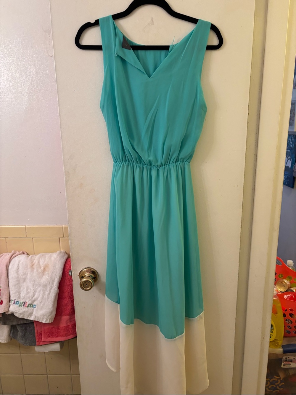 Sleeveless Teal and Ivory Colorblock Maxi Dress